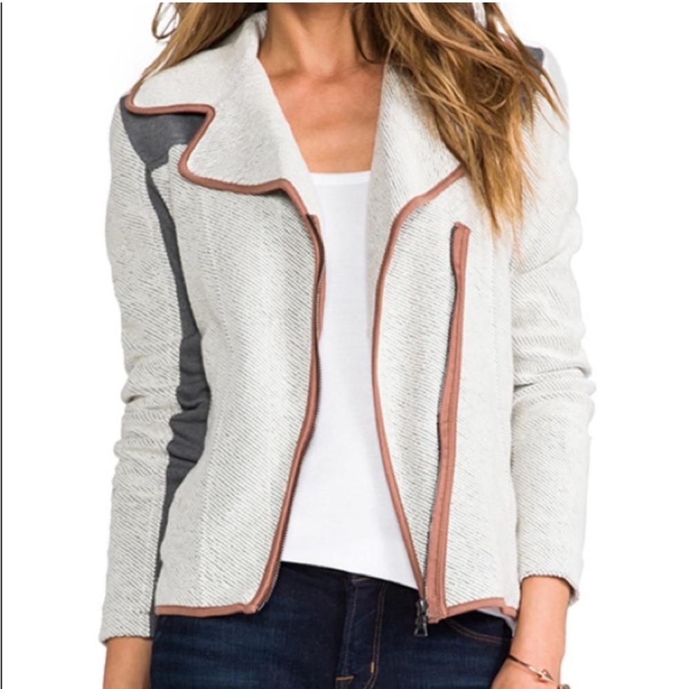 MICHAEL STARS Knit Moto Jacket Ivory Tweed w Leather Trim Zip Up Small